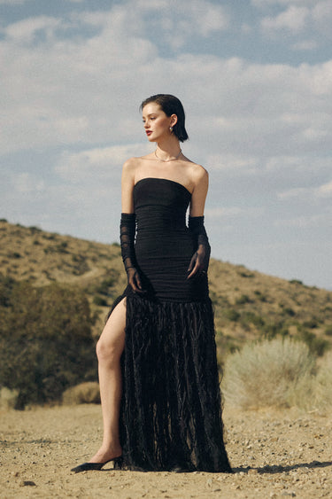 Zenni Ruched Metallic Mesh Dress