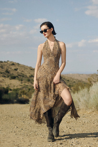 Gaia Drop Waist Halter Neck Midi Dress