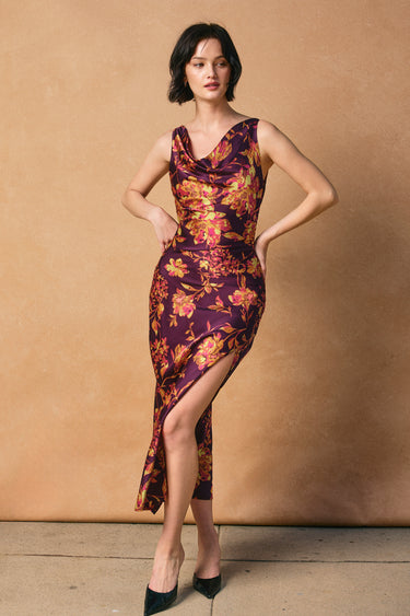 Vian Deep Drape Neck Midi Dress