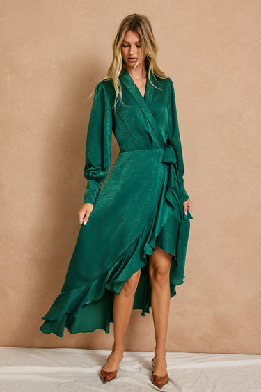 Anais Satin Ruffled Midi Wrap Dress