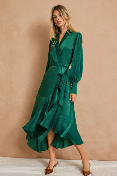Anais Satin Ruffled Midi Wrap Dress