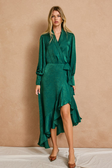 Anais Satin Ruffled Midi Wrap Dress