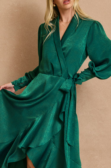 Anais Satin Ruffled Midi Wrap Dress