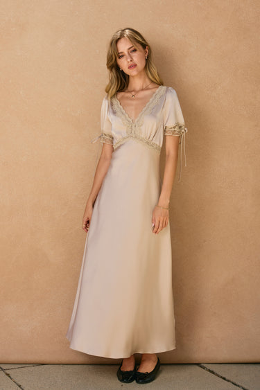 Mary Satin Lace Trim Plunging Midi Dress