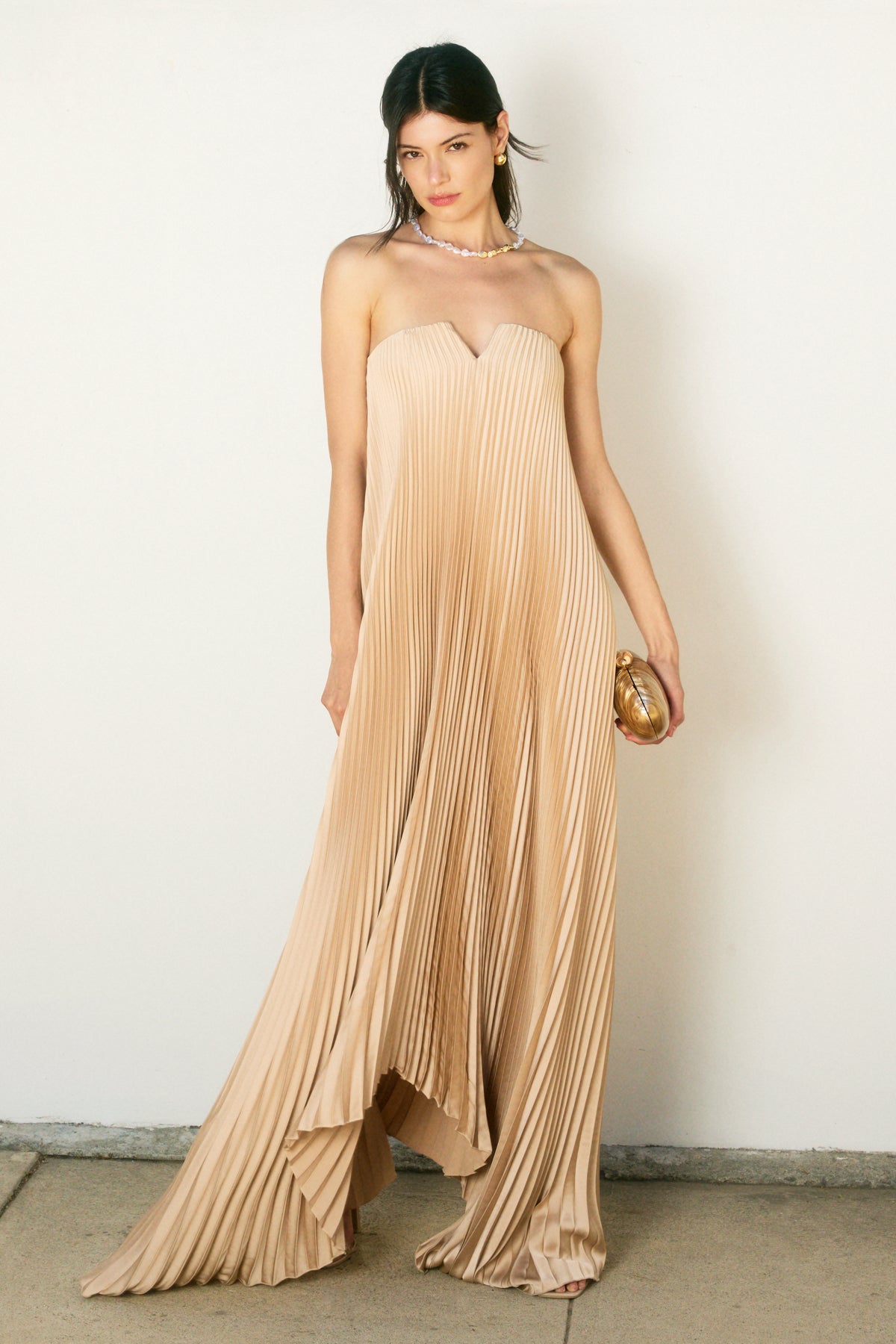 Lesa Pleated Maxi Column Dress – Satin Pleated Column Dress with V